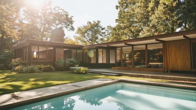 Modern Home Oasis: A captivating modern home, surrounded by lush greenery, boasts a pristine pool and inviting architecture, embodying the pinnacle of sophisticated living and luxurious relaxation.