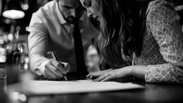 Contract Signing in Dim Light: A sophisticated couple signs a contract together, immersed in a moment of commitment. The image captures a sense of privacy and significance