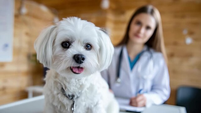 Playful maltese dog engages with veterinarian in a cozy clinic setting
