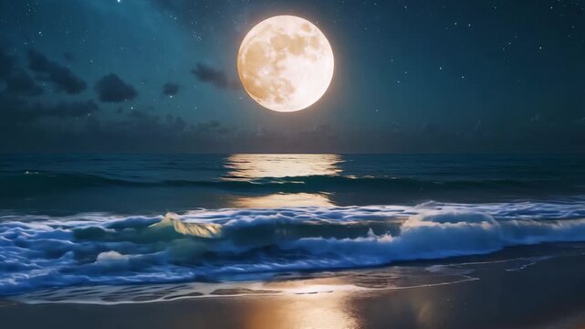 Waves crash gently on the shore at night while a full moon illuminates the ocean and stars fill the sky