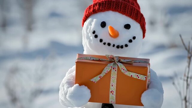Winter's Gift-Bearing Friend: A jolly snowman, adorned with a cozy red hat and a carrot nose, offers a beautifully wrapped gift amidst a serene winter landscape.