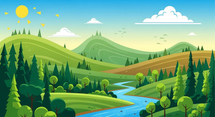 Naklejka premium Serene landscape with rolling hills and a winding river.