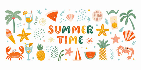 Colorful summer illustration featuring tropical fruits drinks and ocean elements © Rakesh