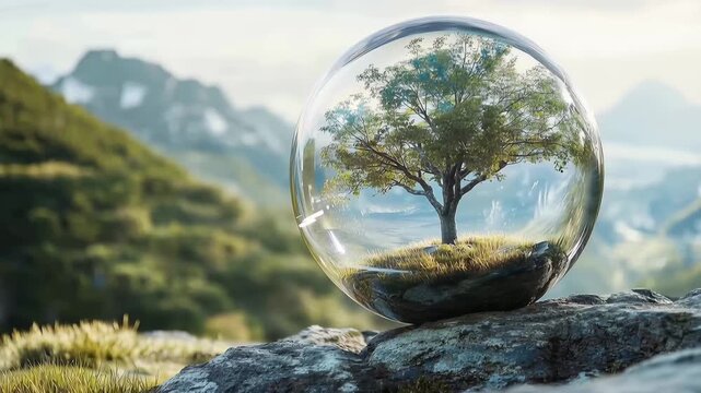 Eco-Sphere: A solitary tree thrives within a protective glass sphere, symbolizing environmental conservation and the interconnectedness of nature.
