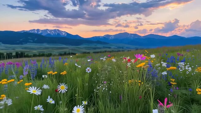 Wildflower Meadow Under Twilight Sky: A vibrant tapestry of wildflowers blankets a lush meadow, with rolling hills and majestic mountains in the distance.