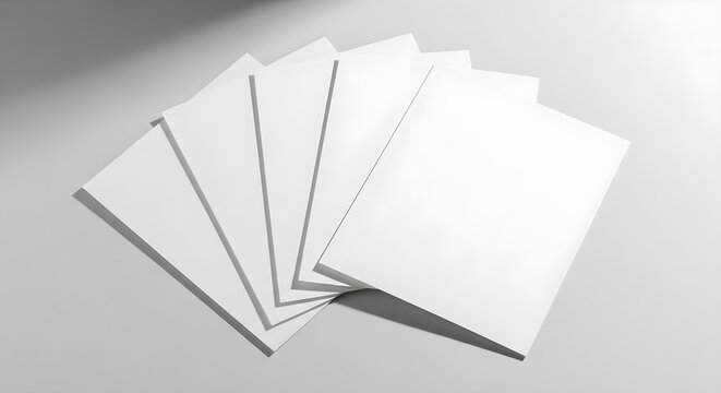 Blank white cards fanned out on gray background, empty templates for design or writing, clean and minimalist