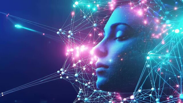 Digital Brain: A woman's profile is interwoven with a network of luminous digital connections, representing the intersection of mind and technology. Reflecting innovation.