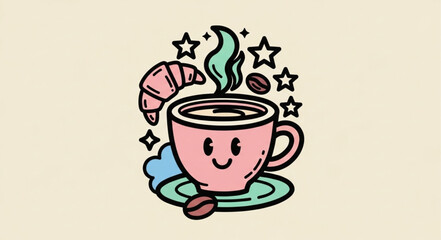 A cartoon coffee cup with a smiling face and a croissant on a pastel background.
