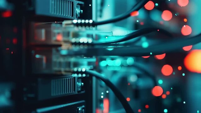 Network Infrastructure: A close-up view of a complex network system, showcasing intricate connections and data flow, representing the backbone of modern technology.