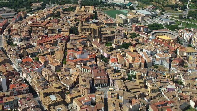 An Aerial panoramic view of the old town of the city  Huesca on a sunny summer noon in Spain.