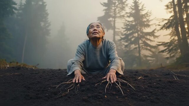 Older woman sitting in a forest touching mossy ground with her hands