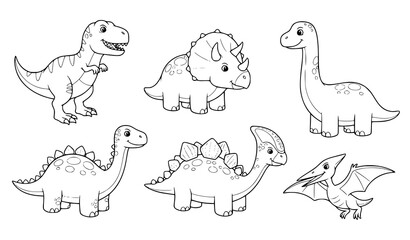 Kids Dinosaur Coloring Page Set Cute Cartoon Dino Collection Outline Illustration © MstMonisha