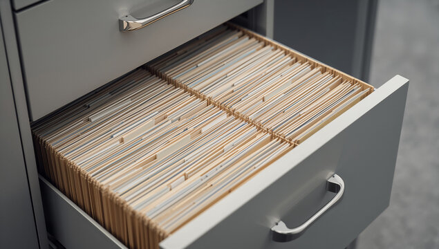 Open filing cabinet drawer with organized file folders in office