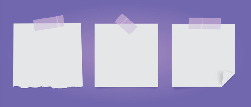 Set of realistic square pieces of note paper with shadow and adhesive tape.