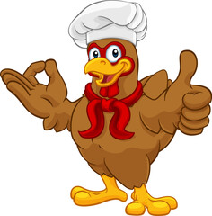 A chef chicken rooster cockerel cartoon character mascot doing a chefs okay perfect hand sign and thumbs up © Christos Georghiou