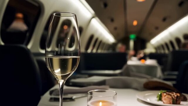A Sip of Luxury: A close-up shot of a pristine wine glass filled with the sparkling liquid stands in the foreground, ready to celebrate a sophisticated dining experience.