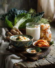 Fermented probiotic foods with yogurt kefir kimchi and vegetables on rustic wooden table gut health nutrition concept