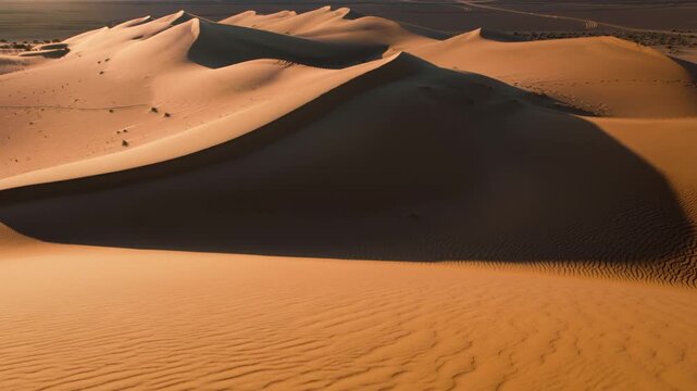 Golden sand dunes stretch across a vast desert landscape under bright sunlight, with long shadows emphasizing the undulating peaks and valleys, symbolizing solitude and natural beauty.