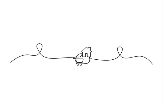 Minimalist one-line art of a shopping cart following a path to a house. Clean black continuous line representing home delivery and online shopping.