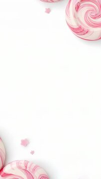 Vertical video: Starting pan, pink-white candies and stars sliding inward on white for overlay text