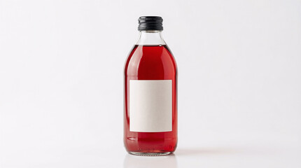 Glass beverage bottle with red liquid and blank label