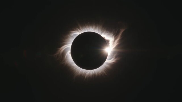 A dramatic total solar eclipse reveals the sun's fiery corona against a dark space background, with a bright diamond ring effect, symbolizing cosmic power and rare celestial events.