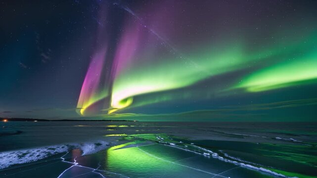 Vibrant green and purple Aurora Borealis lights dance across a dark night sky, reflecting on a vast cracked frozen lake, symbolizing natural wonder and cosmic beauty.