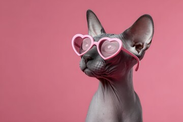 Charming sphynx cat wears playful heart glasses