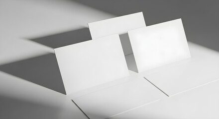Two white business card cutouts standing on a table with shadows, minimalistic office background