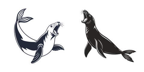 Naklejka premium Stylized Illustrations of Two Barking Seals in Motion