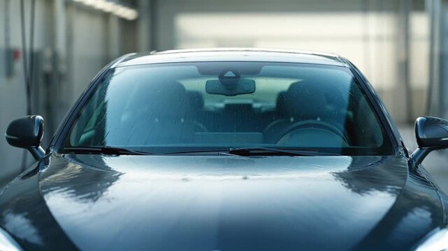 Wet black cars in a row at car wash facility with water drops on hood 4k video