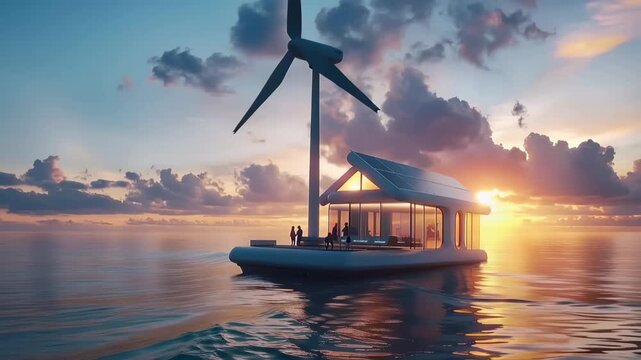 Floating Oasis: Modern ecological structure on water, featuring a wind turbine and solar panels, harnesses the power of nature and promises a sustainable future amidst a stunning sunset view.