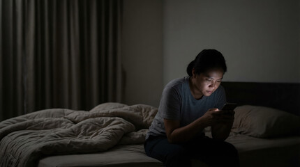 Fototapeta premium Woman sitting on bed in dark room, illuminated by smartphone screen light, late at night.