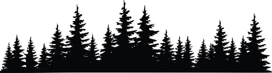 Black pine forest silhouette panoramic landscape with coniferous evergreen trees and fir tree line border isolated on white background vector. © MdAminul