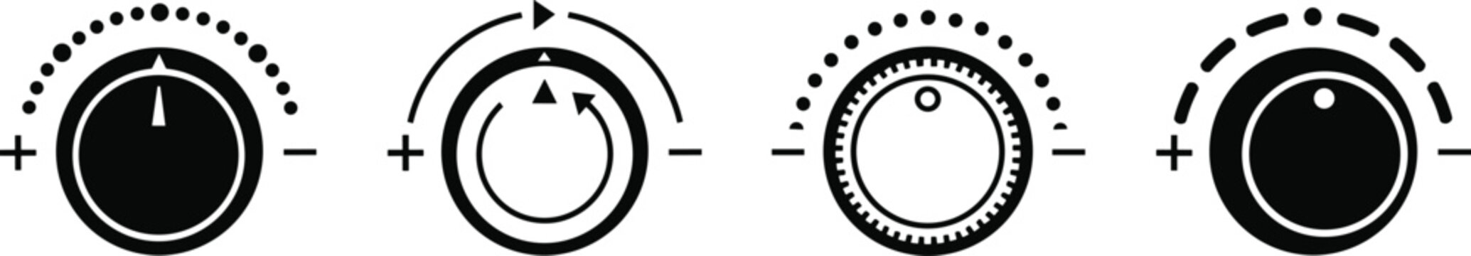 Black audio volume control knobs featuring adjustable dial levels with plus and minus indicators for music interface design vector.Black audio volume control knobs featuring adjustable dial levels wit