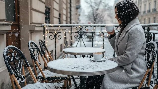 Woman enjoys coffee at a snowy outdoor cafe in Paris.