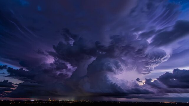 A massive, turbulent supercell storm cloud with lightning illuminates the dark twilight sky above a distant city skyline, showcasing nature's raw power.