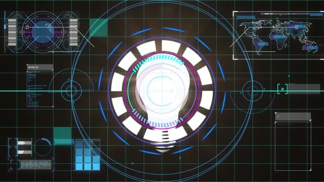 Animation of bulb over processing circle and diverse data on black screen