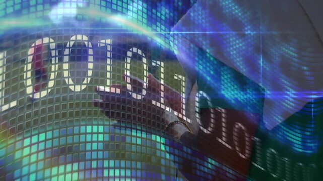 Animation of binary coding over diverse football players on stadium