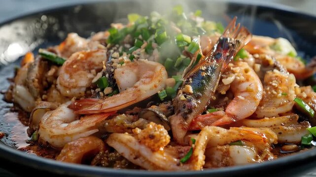 Steaming Shrimp Dish: A close-up shot of a sizzling, aromatic shrimp dish, showcasing the vibrant colors and fresh ingredients of a culinary masterpiece.