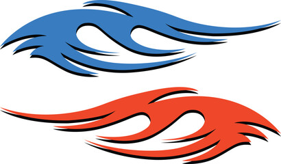 Obraz premium Tribal flame racing stripe decals set, abstract fire style car wrap stickers in blue and red vector illustration on transparent background.
