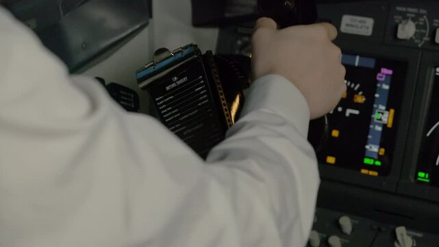 Professional captain manipulates steering wheel of aircraft. Pilot uses control yoke to maintain flight parameters for safety