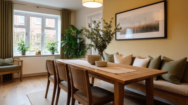 Modern dining room featuring a wooden table with chairs, decorative cushions, and plants near large windows, complemented by a framed nature photograph on the wall