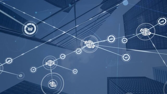Animation of globe icon network connecting with lines against skyscraper