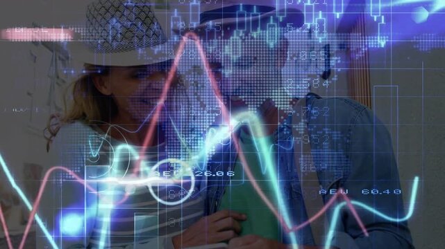 Digital composite of cheerful mature caucasian couple, graph and data