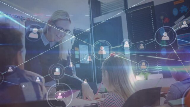 Animation of network of connections with icons over diverse schoolchildren learning