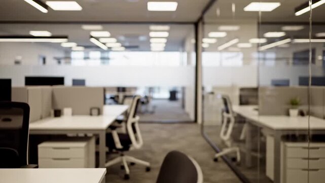 A bright, blurred, modern office workspace featuring empty cubicles and glass partitions, creating a clean corporate environment.