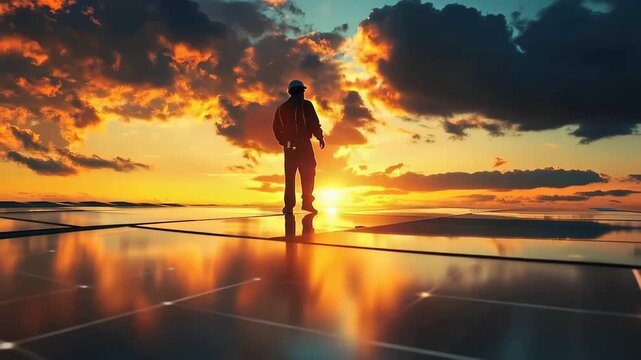 Sunrise Energy: An engineer, framed against a breathtaking sunrise, stands on a rooftop solar array, symbolizing the dawn of a sustainable energy future and innovation.