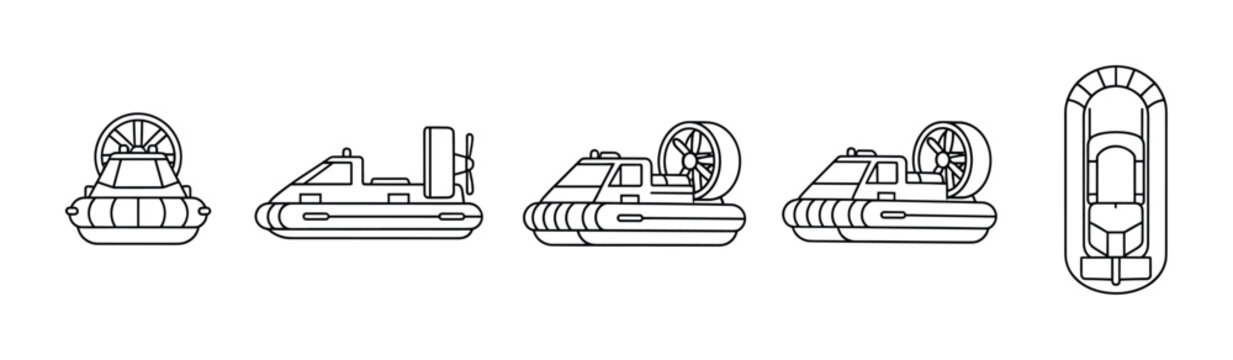 Outline drawings of hovercrafts and inflatable boat presented in different perspectives for transportation design.