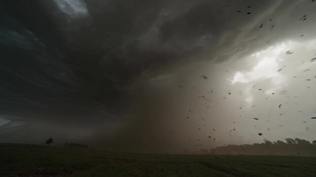A massive, dark, and swirling storm cloud creates a menacing funnel over a green field, with dust and debris flying, symbolizing danger and natural disaster.